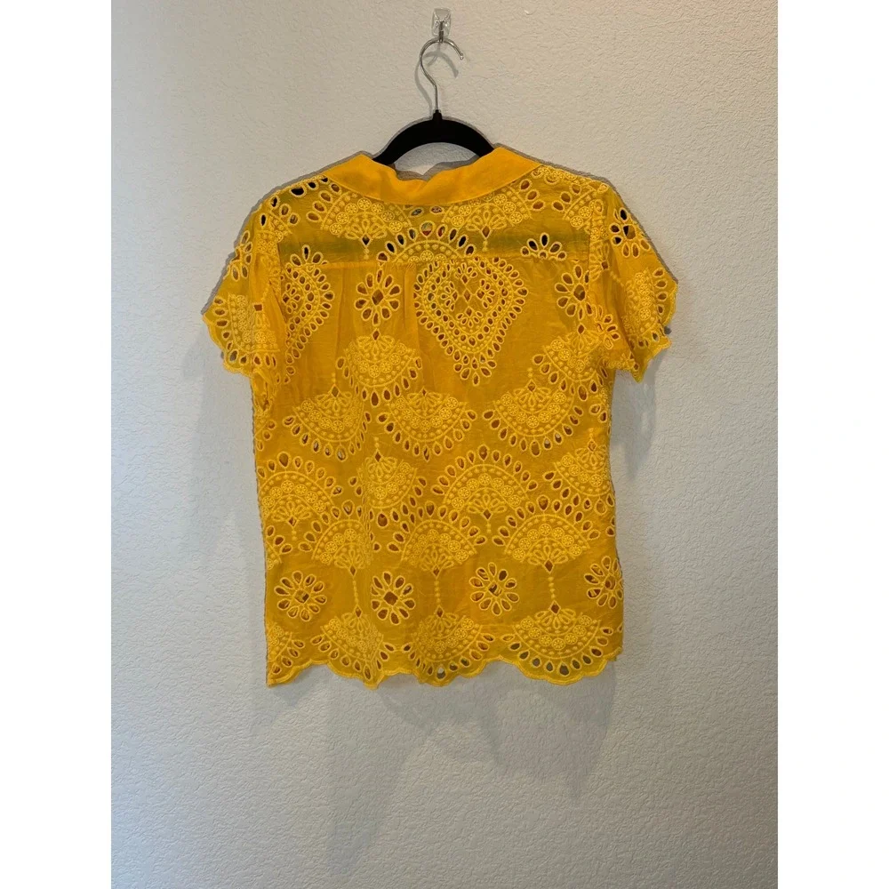 Johnny Was Womens Eyelet Embroidered Button Down Shirt‎ Yellow Small